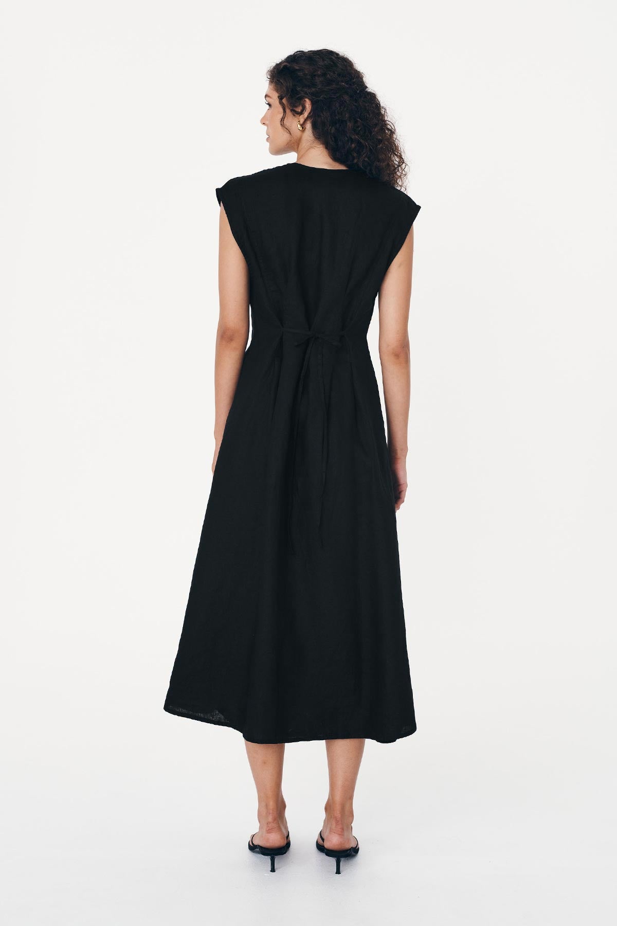 Mira Linen Midi Dress in Black with tie-back waist detail