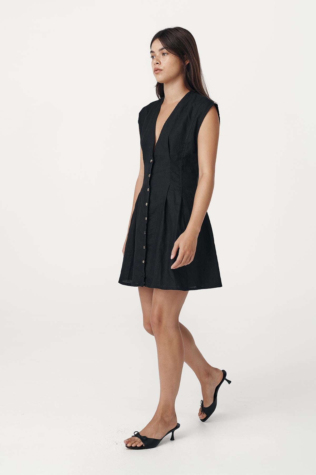 Mira Linen Mini Dress - Noir L Mira Linen Mini Dress - Noir L