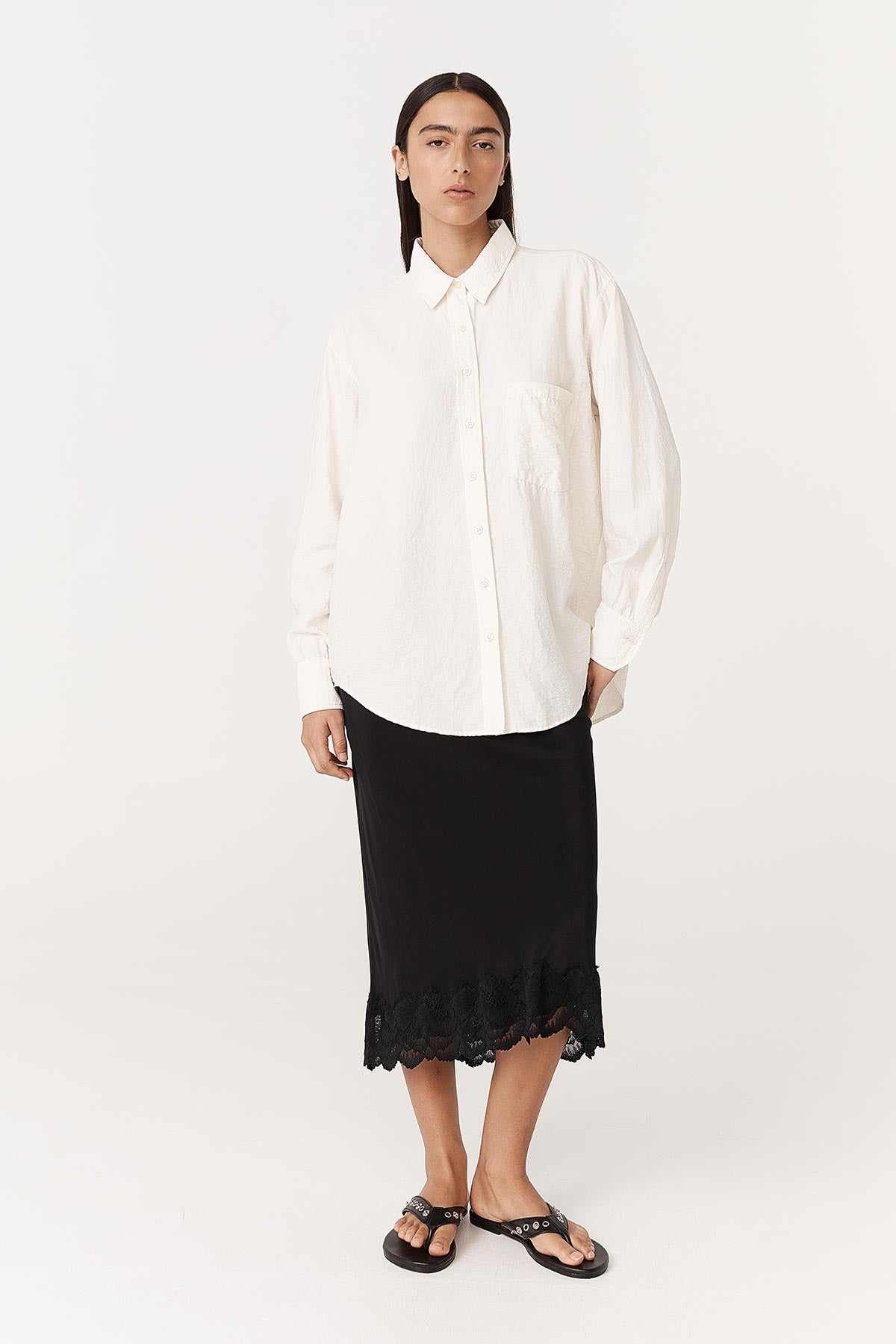Ramona long-sleeve, silk shirt, paired with the Marina black silk skirt, with lace trim by ROWIE The Label
