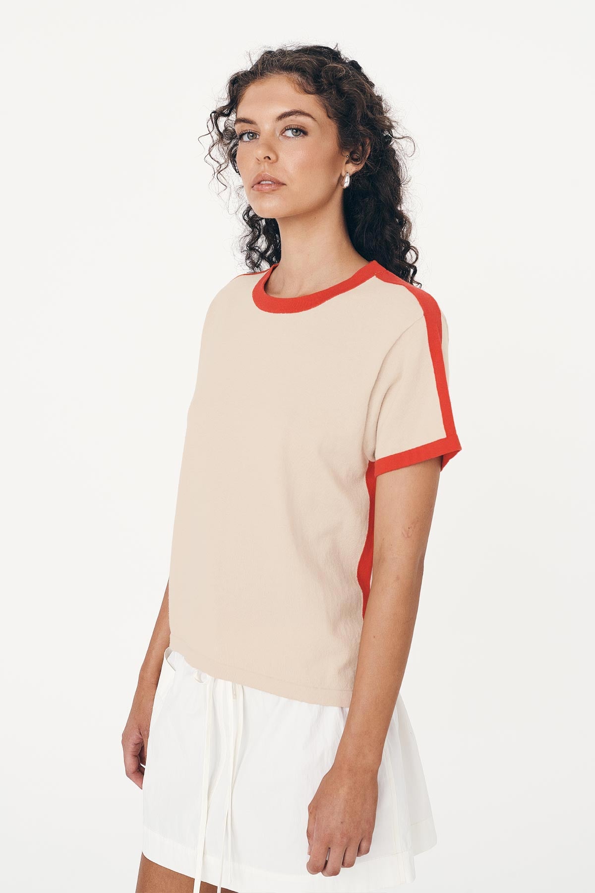 ROWIE The Label Rania Contrast Tee in Spiced Latte, made from 100% Superfine Cotton Zero Waste Knit paired with the Suri Lace Mini Skirt in Bone White