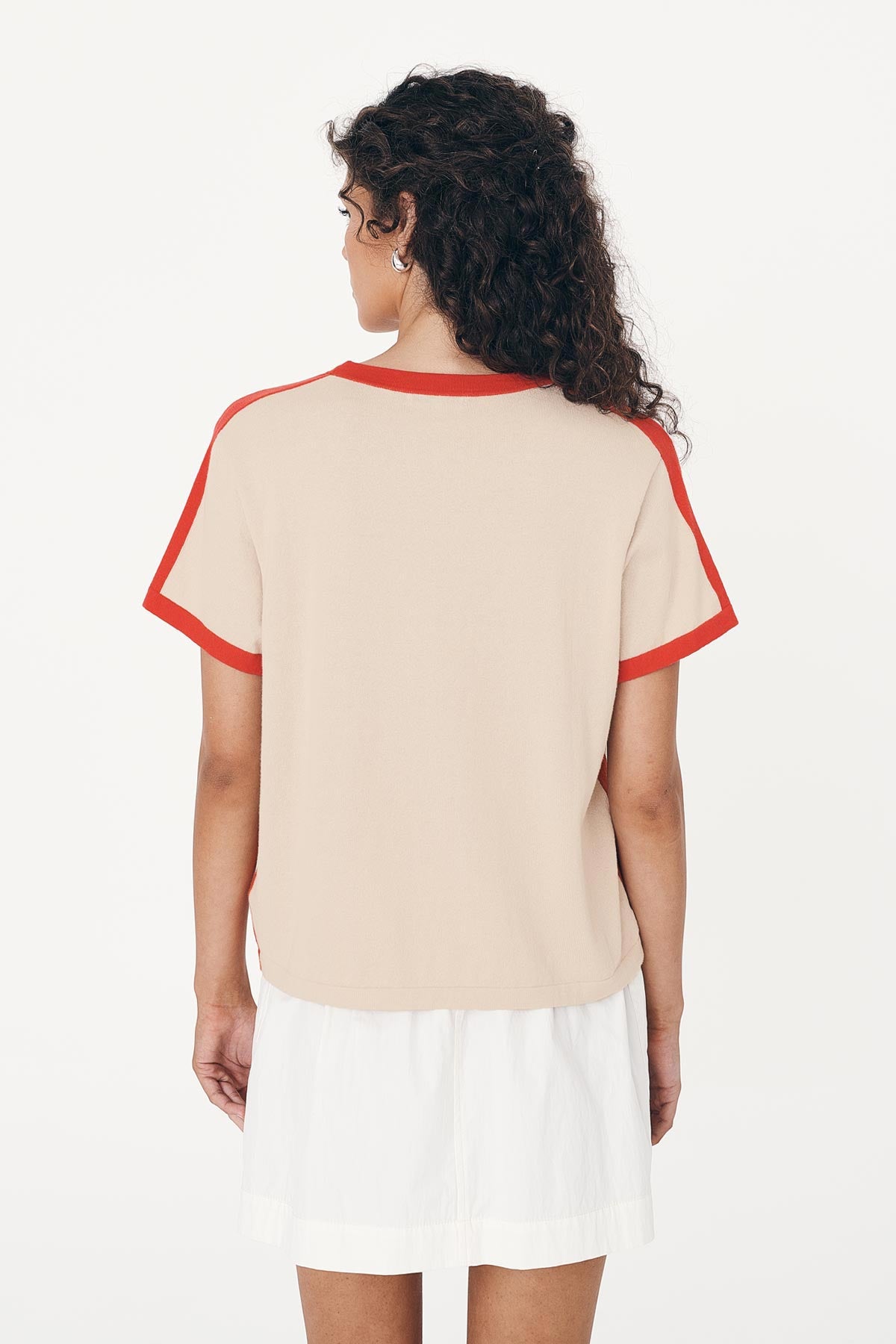 ROWIE The Label Rania Contrast Tee in Spiced Latte, made from 100% Superfine Cotton Zero Waste Knit paired with the Suri Lace Mini Skirt in Bone White