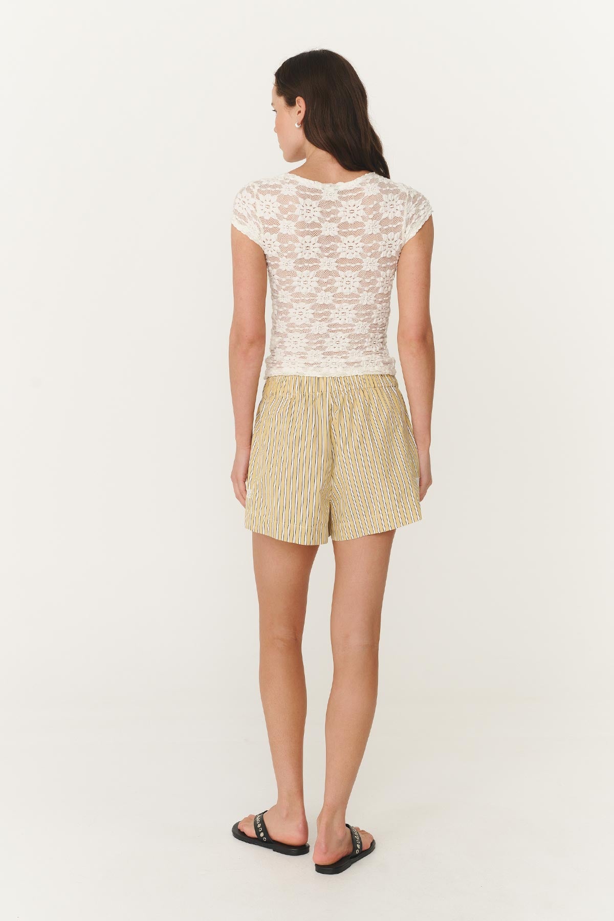 ROWIE The Label Rocco Lace Boxer Shorts in Sunflower Yellow, Paired with Galo Sunflower Lace Tee in White