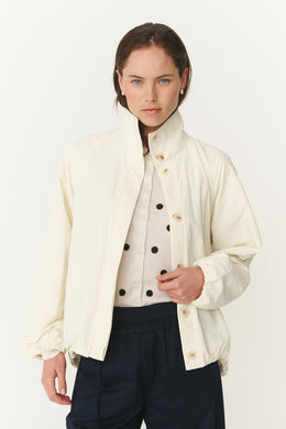 women's cream bomber jacket with funnel neck finish designed by ROWIE The Label