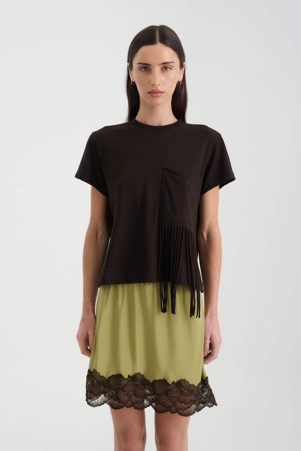 Tara Tassel Tee in Espresso – front view