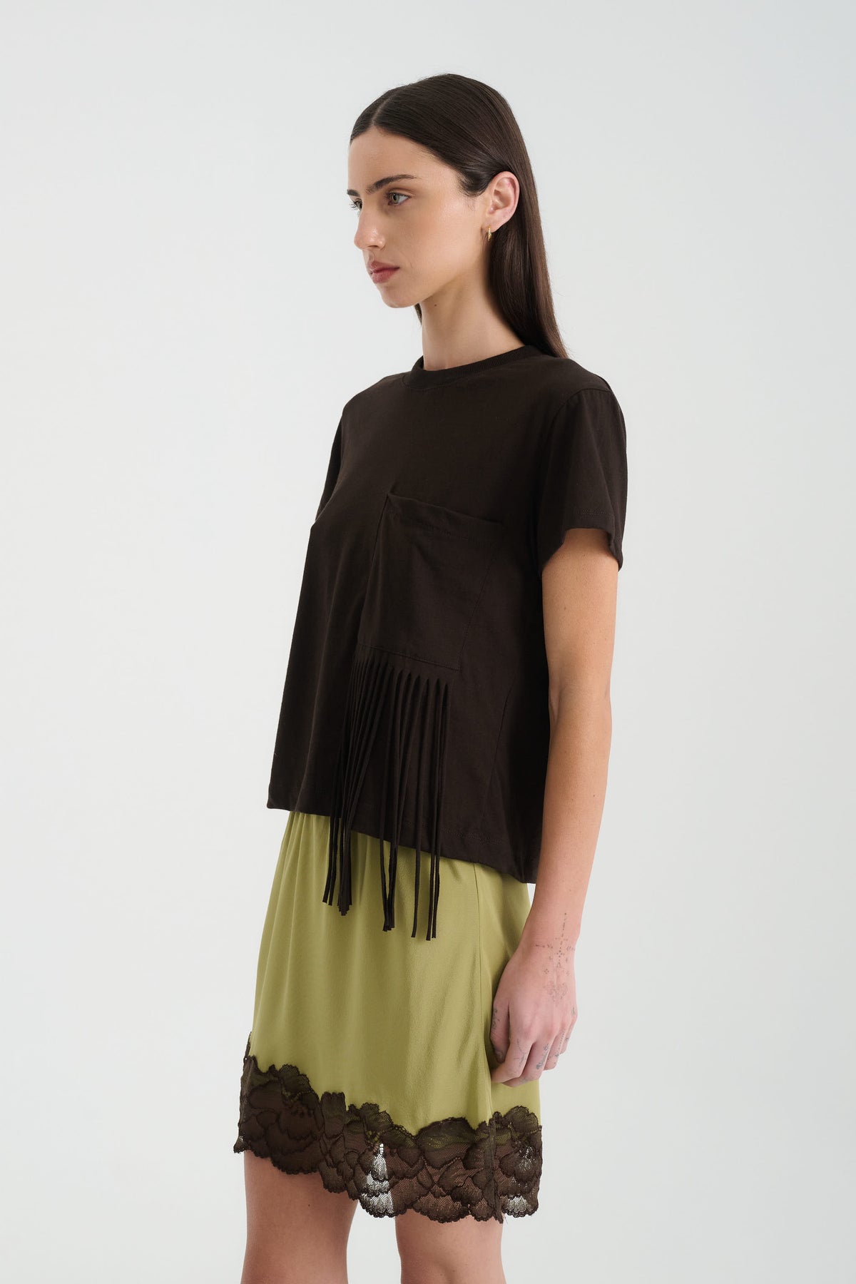 Tara Tassel Tee in Espresso – three-quarter view