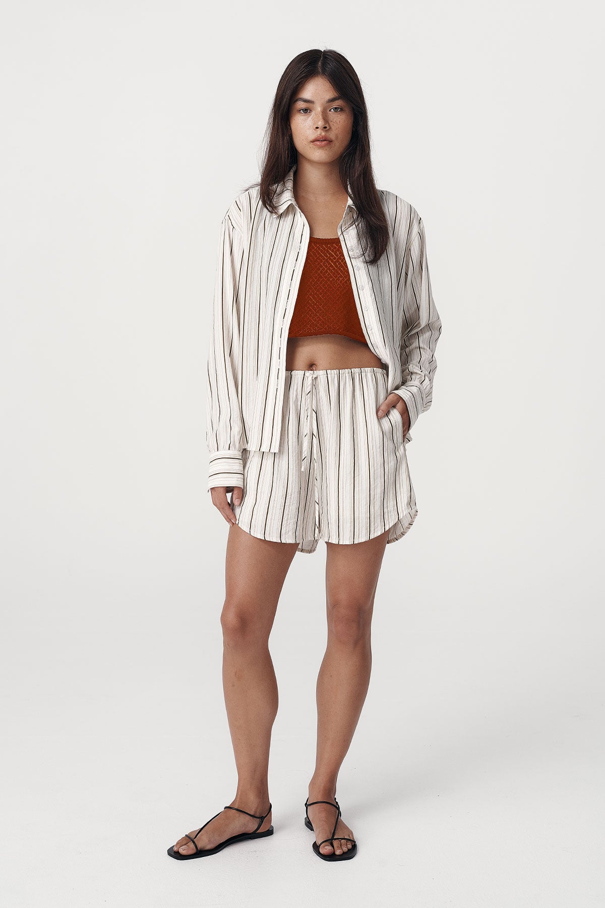 White stripe summer shorts in cotton paired with a matching White stripe cotton shirt