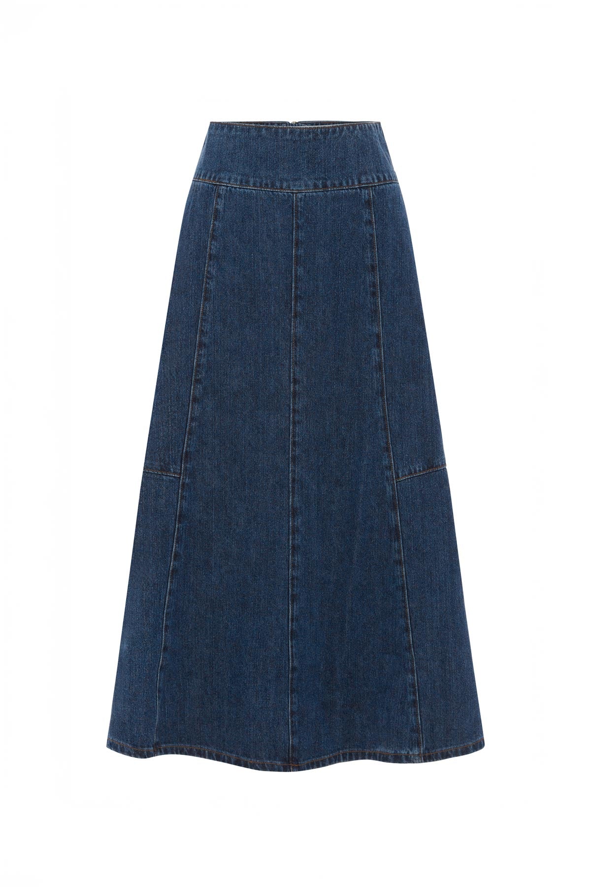 Vashti Denim Midi Skirt in Classic Denim, isolated product image on white background, ROWIE the Label.