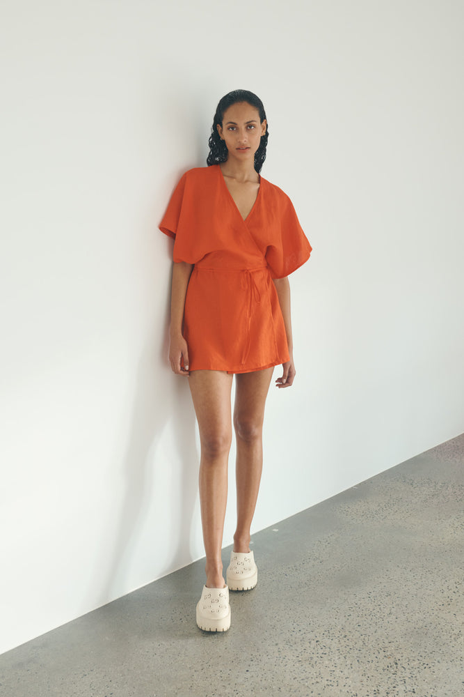 Hilda Linen Mini Wrap Dress Aperol Red