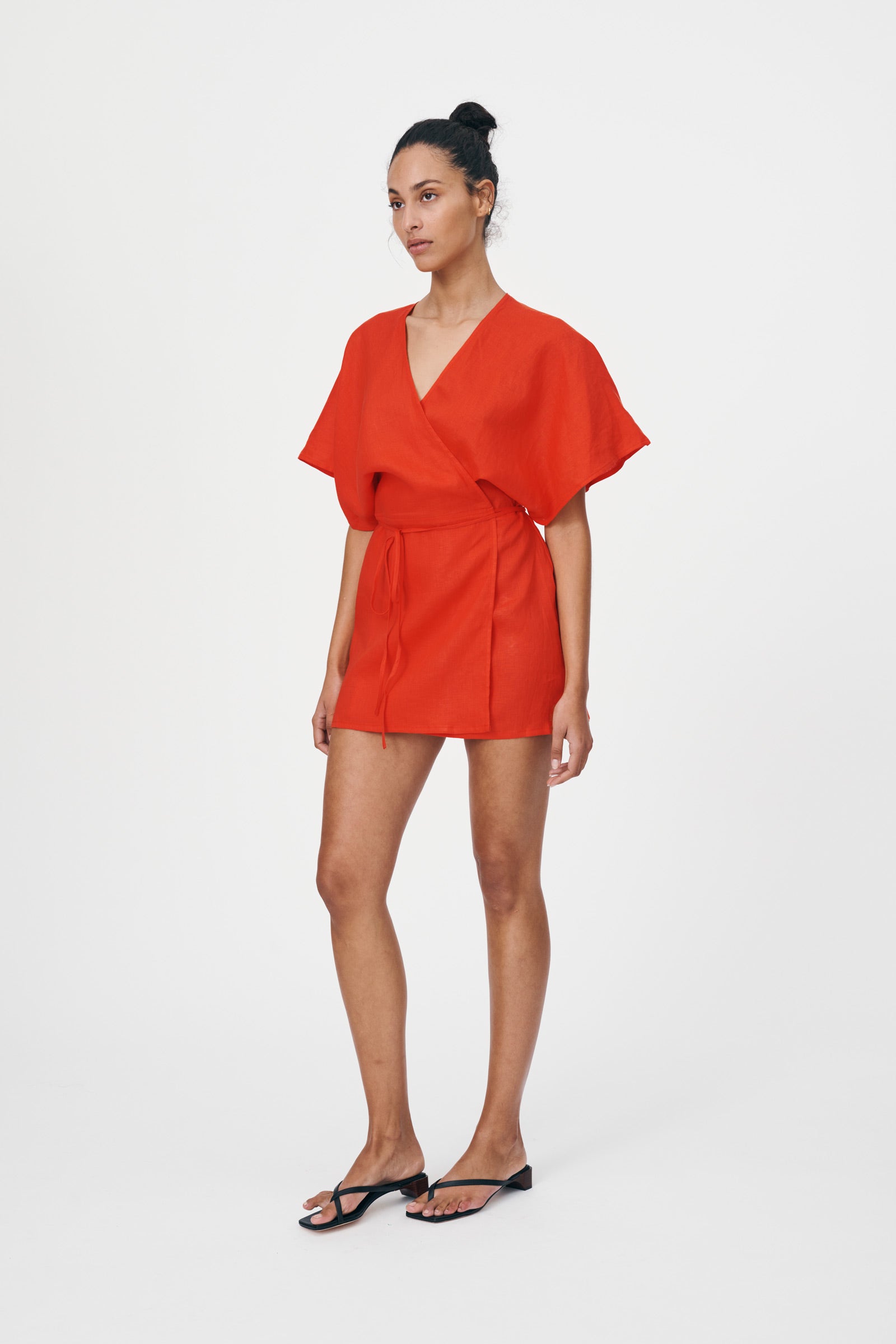 Hilda Linen Mini Wrap Dress Aperol Red