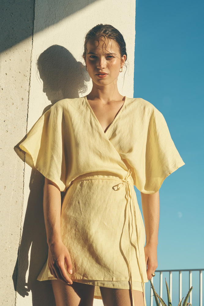 Hilda Linen Mini Wrap Dress Lemon