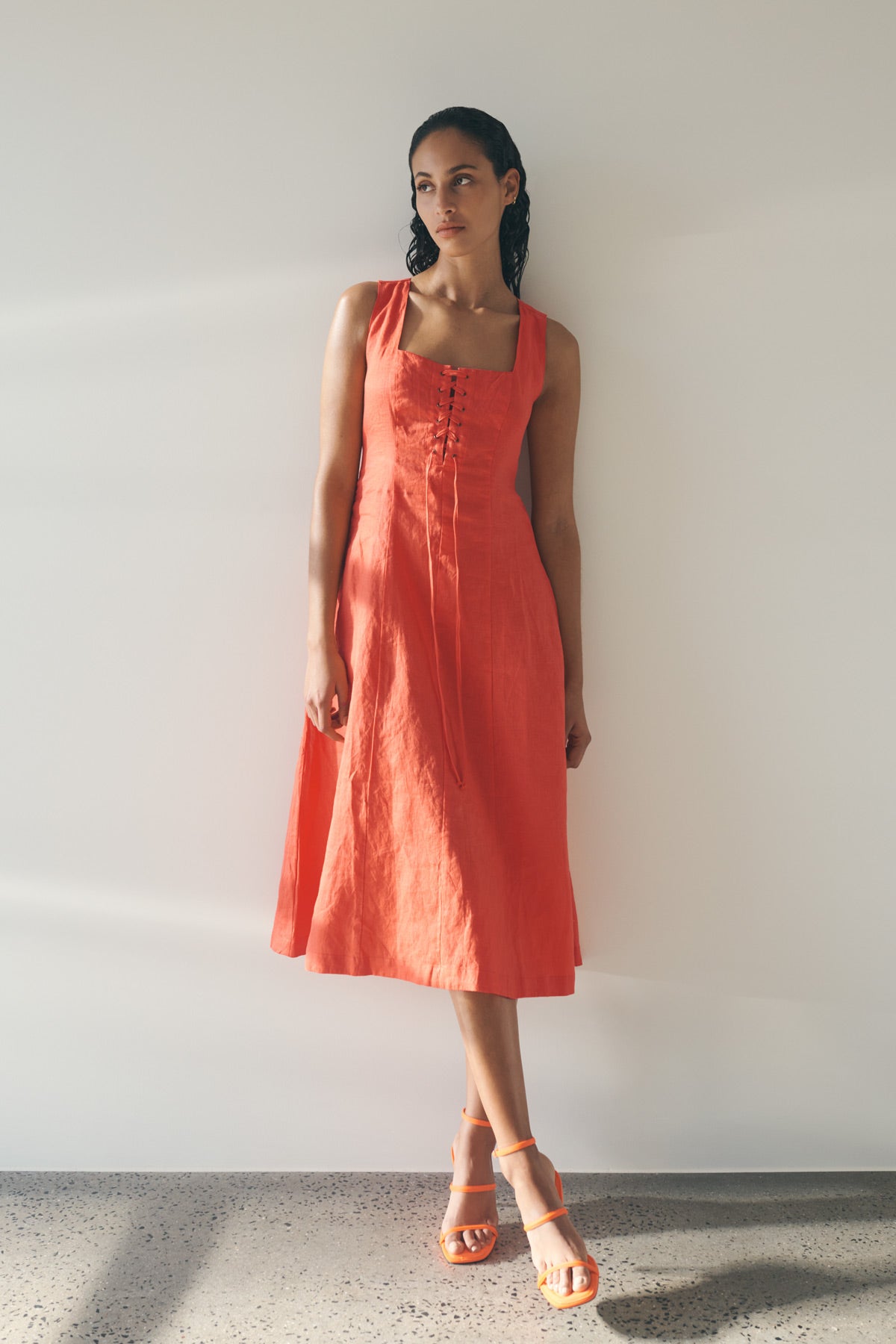 Portia Linen Midi Dress Spicy Orange